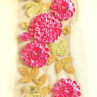 Black Net Lace Trim With Pink Satin Flowers And Sequin Work 12.5 cm wide Decorative Trim Crafting Lace Indian Floral Embroidery